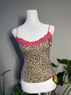 omighty Leopard Print Cami with Pink Lace Trim